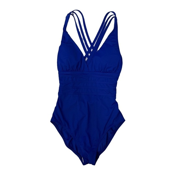 La Blanca Island Goddess Multi Strap Cross Back Blue One Piece Swimsuit Size 4 - Picture 3 of 9